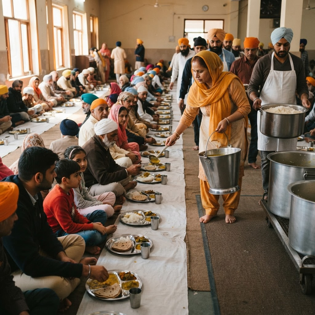 Volunteers serving free vegetarian food to visitors seated together in the Langar Hall