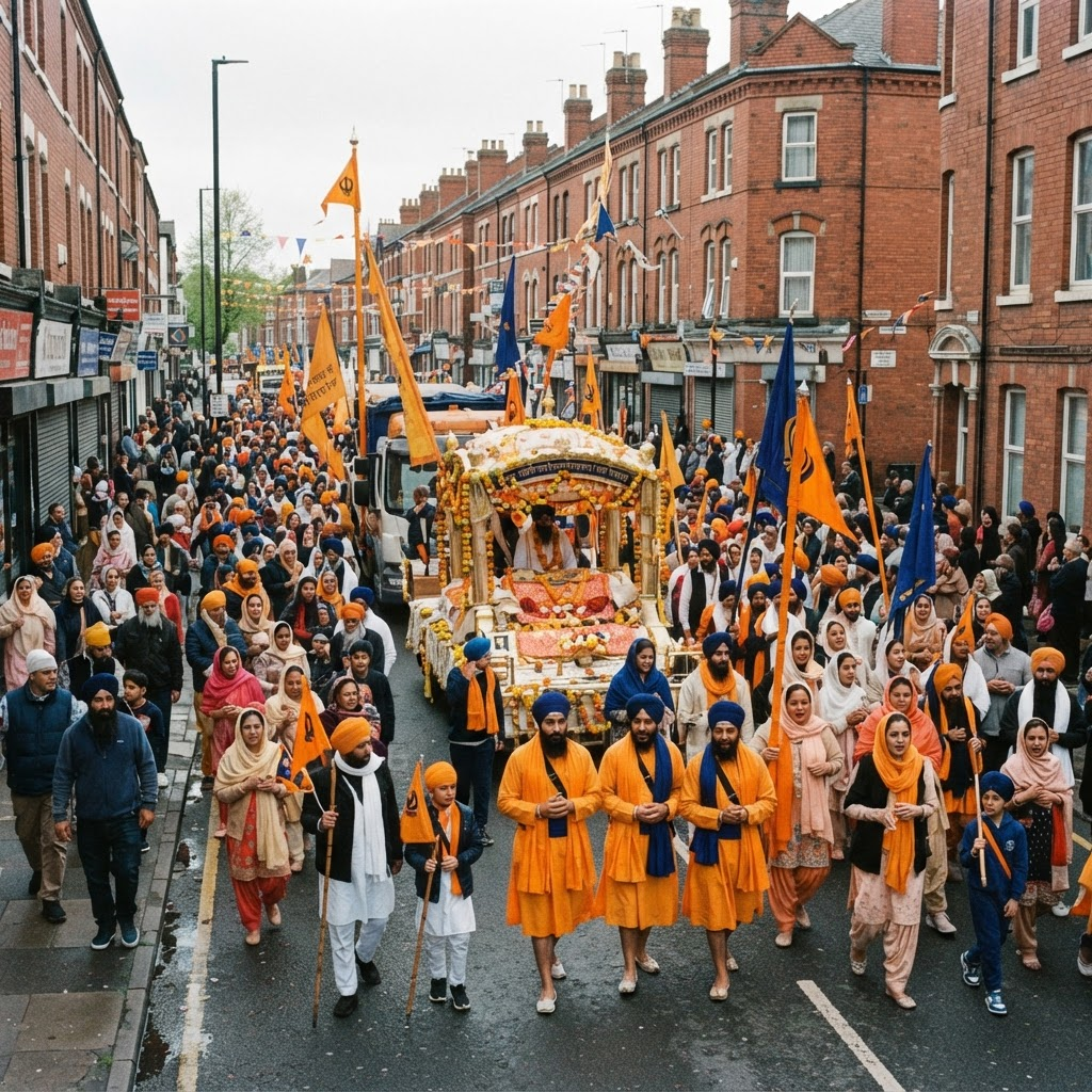 Crowds walking behind a decorated float during the Vaisakhi Nagar Kirtan procession through Leicester