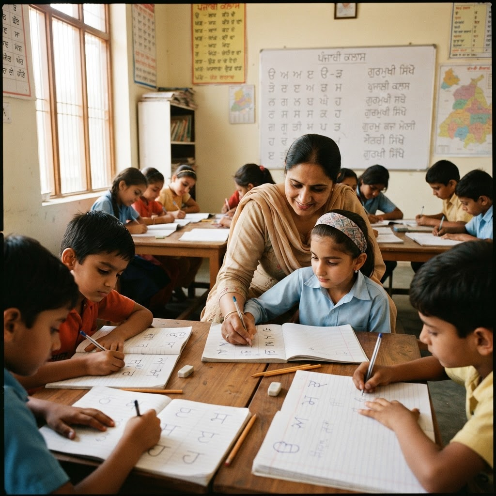 Children learning to write Gurmukhi script in a bright classroom at the Punjabi school