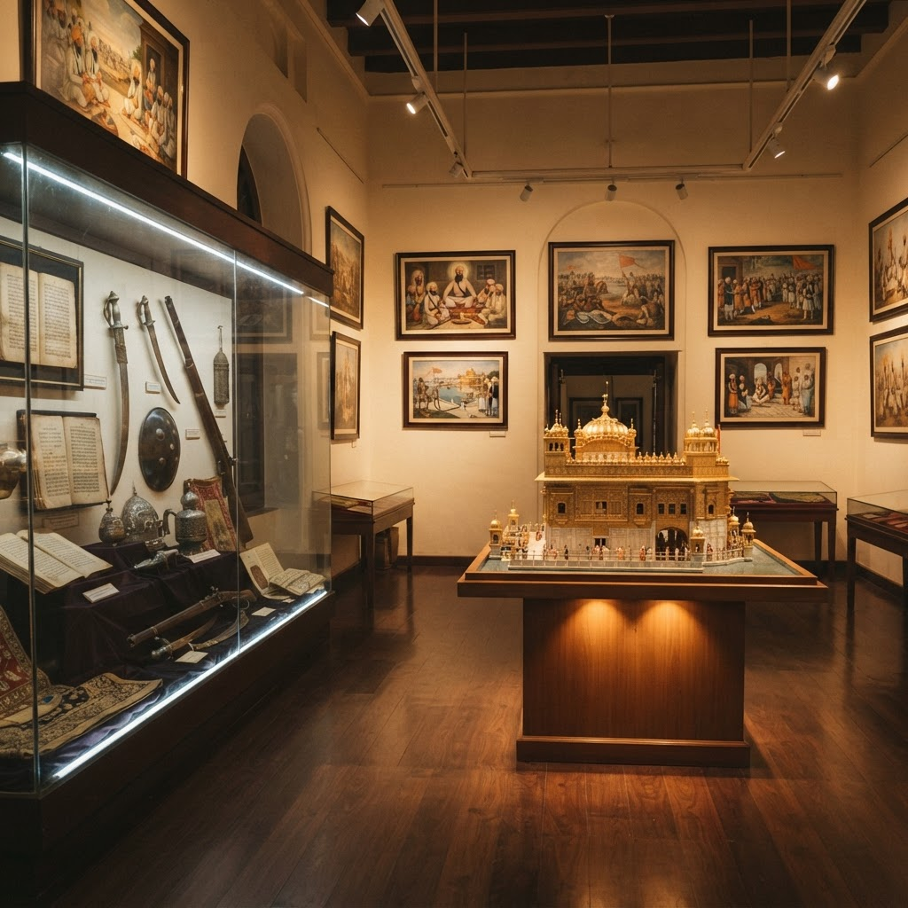 Display cases and a scale model of the Golden Temple inside the Guru Nanak Sikh Museum